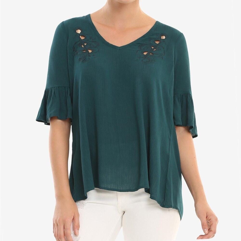 BoxLunch Harry Potter Wands Fashion Top Green Ruffle Sleeve Blouse Shirt S NWT